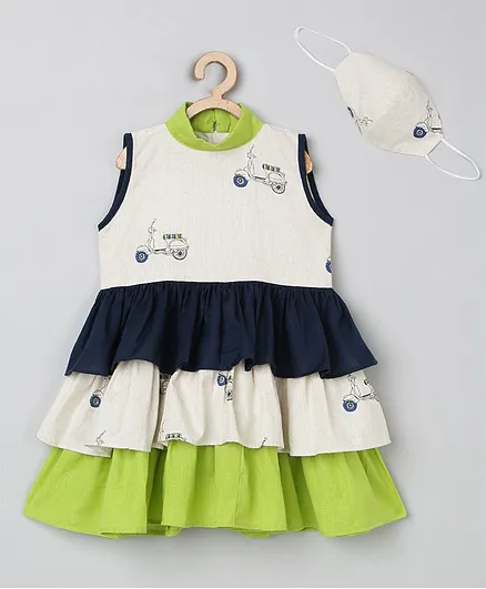 Tutus By Tutu Sleeveless Vehicle Printed Layered Flared Dress With Mask - Blue Green & Cream