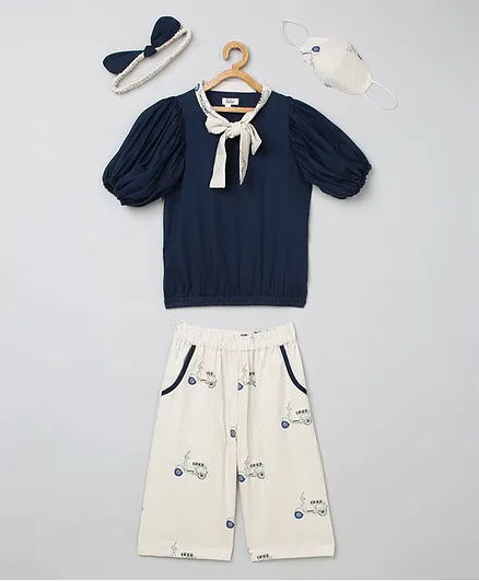 Tutus By Tutu Puffed Half Sleeves Balloon Top With Printed Pants Headband & Mask - Blue & Cream