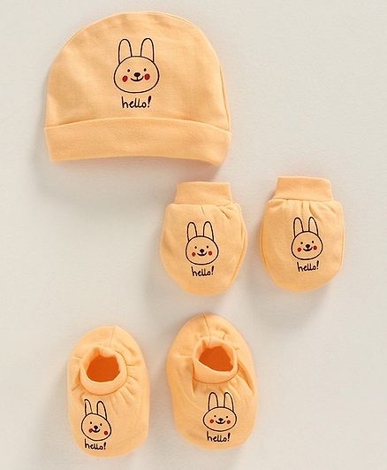 Simply Cap Mittens and Booties Set Bunny Print - Peach