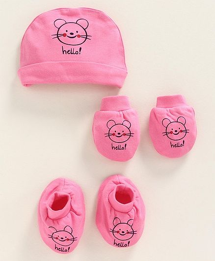 Simply Cap Mittens and Booties Set Mouse Print - Pink