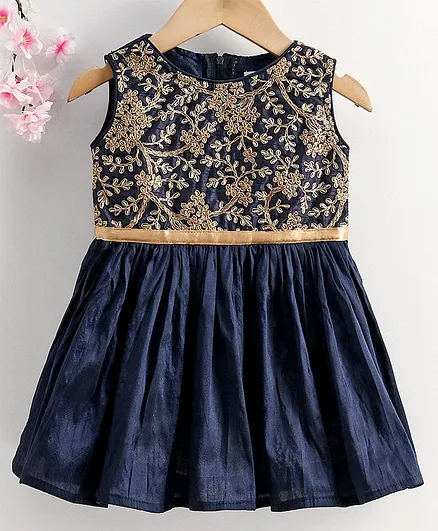 The KidShop Sleeveless Flowers & Leaves Embroidered Party Dress - Navy Blue