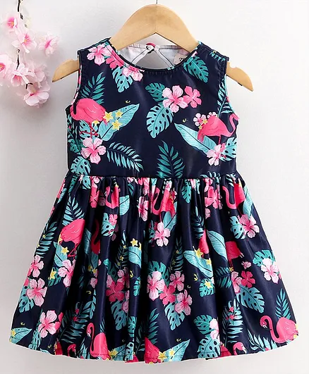 The KidShop Sleeveless Flowers Printed Flared Dress - Navy Blue