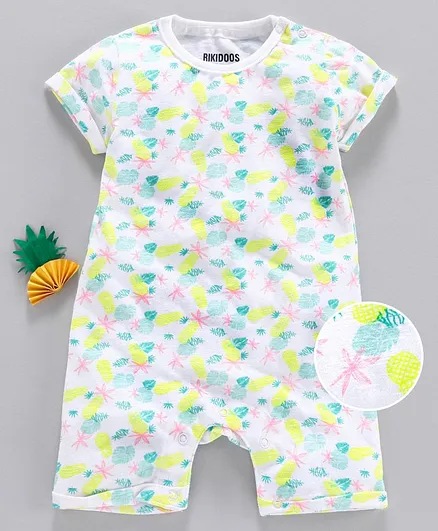 Rikidoos Half Sleeves Pineapple & Leaves Printed Romper - Pista