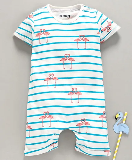 Rikidoos Half Sleeves Flamingo Print Striped Tee - Blue