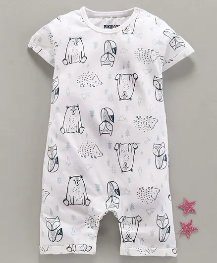 Rikidoos Half Sleeves Animal Printed Romper - Off White