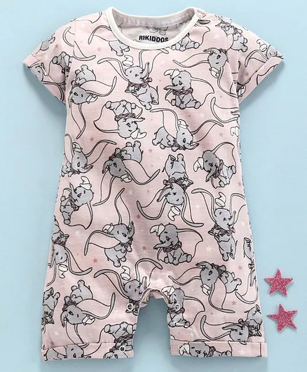 Rikidoos Half Sleeves Elephant Printed Romper - Peach