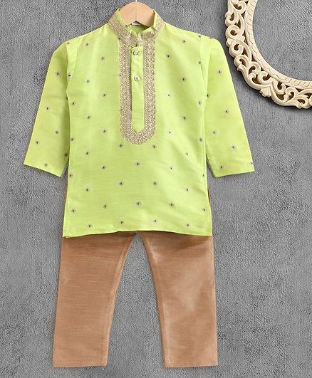 Ridokidz Embroidered Neckline Full Sleeves Kurta With Pyjama - Green