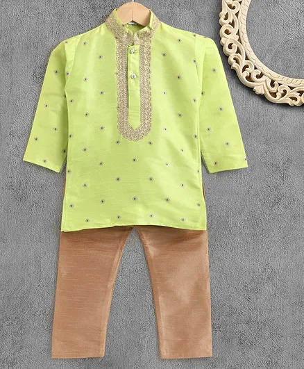 Ridokidz Embroidered Neckline Full Sleeves Kurta With Pyjama - Green
