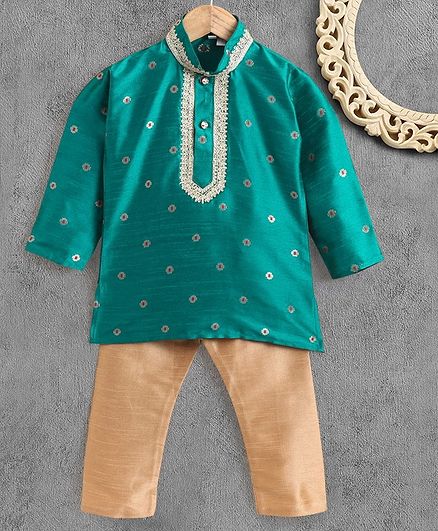 Ridokidz Embroidered Neckline Full Sleeves Kurta With Pyjama - Green