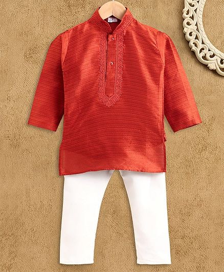 Ridokidz Embroidered Neckline Full Sleeves Kurta With Pyjama - Orange