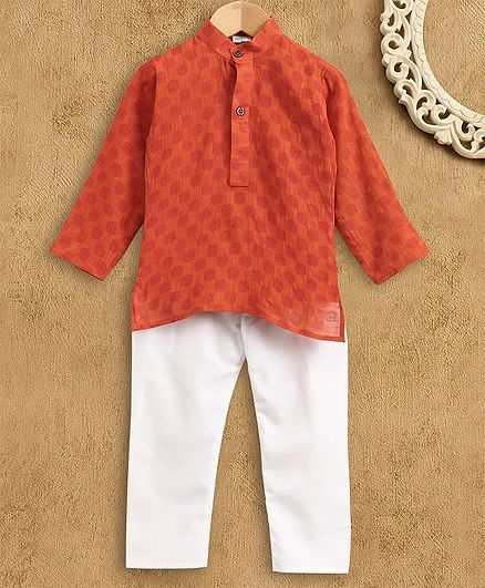 Ridokidz Full Sleeves Motif Pattern Kurta With Pajama - Orange