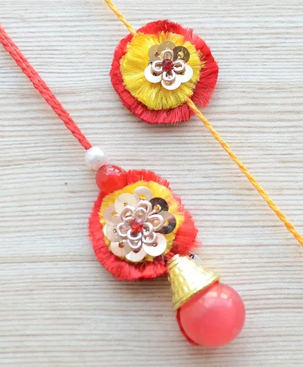 Pretty Ponytails Pack Of 2 Layered Lumba Rakhi - Yellow & Red