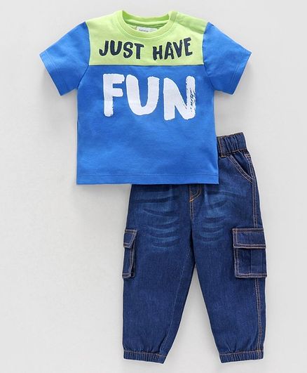 Babyoye Cotton Half Sleeves Tee & Jeans Text Print - Blue Green