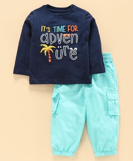 Babyoye Full Sleeves Tee & Cargo Pants Text Print - Navy & Light Blue