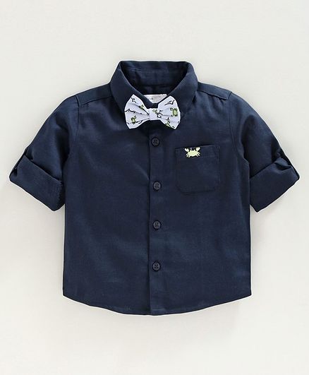 Babyoye Full Sleeves Cotton Shirt with Bow Tie - Navy Blue
