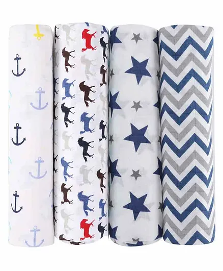 haus & kinder 100% Cotton Muslin Swaddle Wrap Pack of 4 - Blue White
