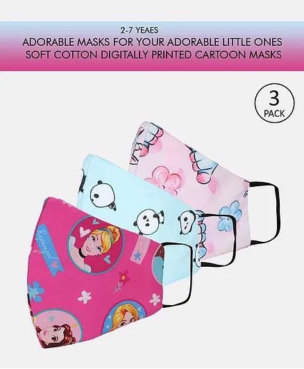 Tossido Small Size Printed 3 Ply Cotton Elastic Kids Masks Pink Blue - Pack of 3