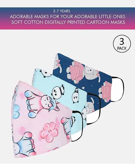 Tossido Small Size Printed 3 Ply Cotton Elastic Kids Masks Pink Blue - Pack of 3