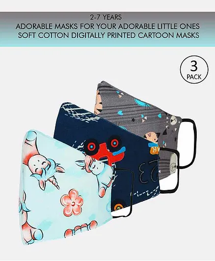 Tossido Small Size Printed 3 Ply Cotton Elastic Kids Masks Grey Blue - Pack of 3