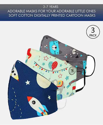 Tossido 2 to 7 Years Printed 3 Ply Cotton Elastic Kids Masks Grey Blue - Pack of 3