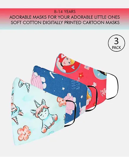 Tossido Medium Size Printed 3 Ply Cotton Elastic Kids Masks Pink Blue - Pack of 3