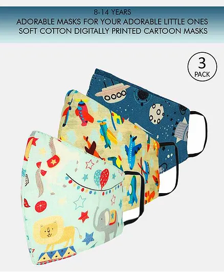 Tossido 8 to 14 Years 3 Ply Cotton Elastic Kids Masks Animal Print Blue Yellow - Pack of 3