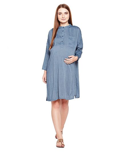 Oxolloxo Full Sleeves Button Down Maternity Dress - Blue