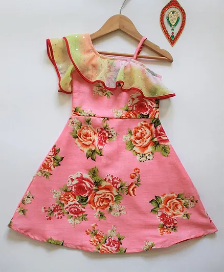 Many frocks & Half Sleeves Flower Printed One Shoulder Gown - Pink