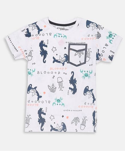 Li'L tomatoes Dino Print Half Sleeves Tee With 3 Ply Face Mask - White