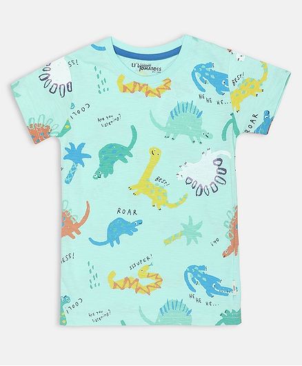 Li'L tomatoes Dino Print Half Sleeves Tee With 3 Ply Face Mask - Sea Green