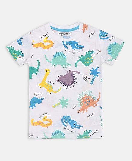 Li'L tomatoes Dino Print Half Sleeves Tee With 3 Ply Face Mask - White