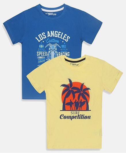 Li'L tomatoes Palm Tree Print Half Sleeves Pack Of 2 Tee & 3 Ply Face Mask - Yellow & Royal