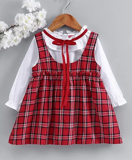 Babyhug Checkered Frock with Full Sleeves Inner Tee - Red White