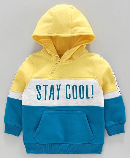 Babyoye Cotton Blend Fleece Full Sleeves Hooded Sweatshirt Text Print - Yellow Blue Grey