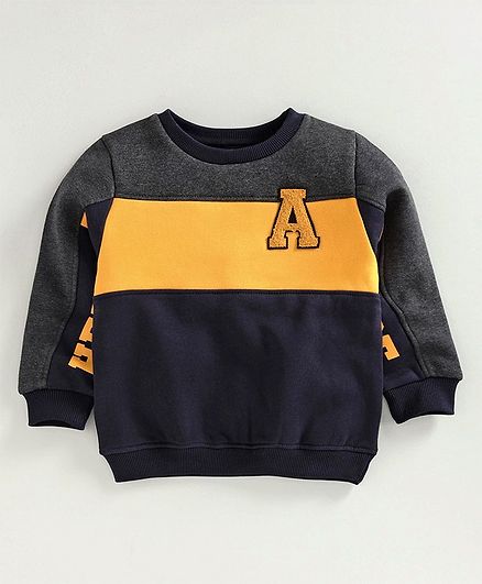 Babyoye Full Sleeves Brushed Fleece Sweatshirt Alphabet Patch - Navy Blue