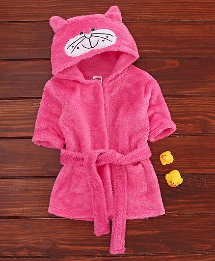 Babyhug Full Sleeves Hooded Bathrobe Kitty Embroidery- Pink