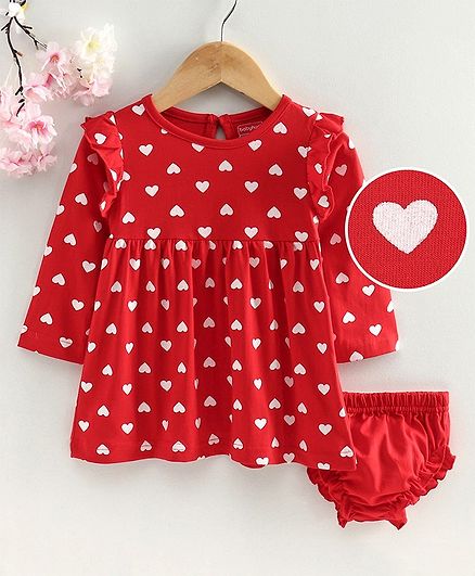 Babyhug Full Sleeves Frock with Bloomer Heart Print - Red