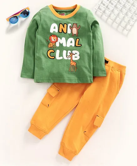 Babyhug Full Sleeves T-Shirt and Pant Set Animal Print - Yellow Green