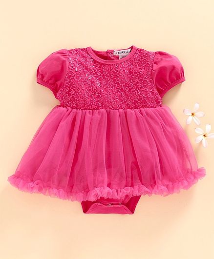 Mark & Mia Short Sleeves Frock Style Onesie Floral Embroidery - Pink
