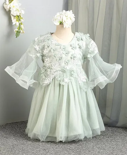Mark & Mia Bell Sleeves Floral Embroidered Frock - Light Green