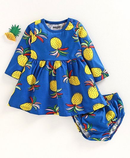 Cucumber Full Sleeves Frock with Bloomer Pineapple Print - Blue