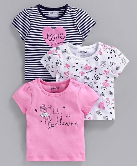 Babyoye Cotton Half Sleeves Tee Pack of 3 - Pink White Navy