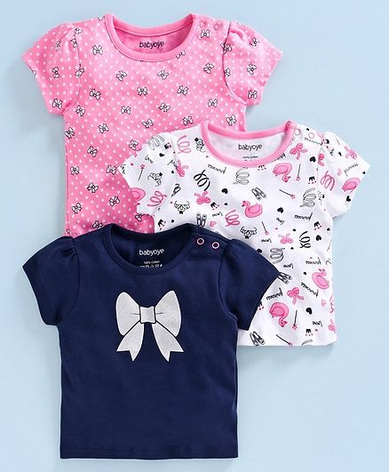Babyoye Short Sleeves Cotton Top Bow Print Pack of 3 - Pink Navy