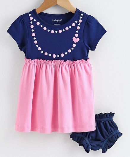 Babyoye Cotton Short Sleeves Frock With Bloomer Necklace Print - Navy Blue Pink