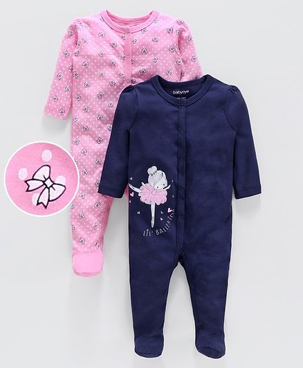 Babyoye Full Sleeves Printed Cotton Footed Rompers Pack of 2 - Pink Blue