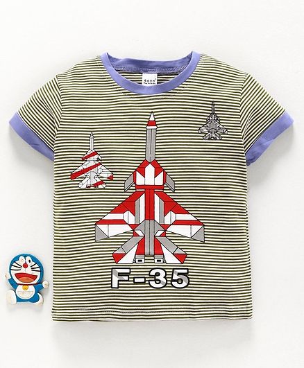 Meng Wa Half Sleeves Striped Tee Rocket Print - Green
