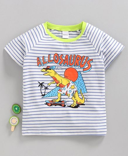 Meng Wa Half Sleeves Striped Tee Allosaurus Print - White Blue