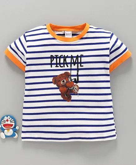 Meng Wa Half Sleeves Striped Tee Teddy Print - White Blue