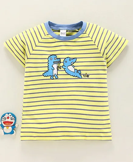 Meng Wa Half Raglan Sleeves Striped Tee Animal Print - Yellow