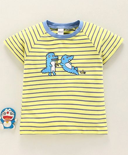 Meng Wa Half Raglan Sleeves Striped Tee Animal Print - Yellow